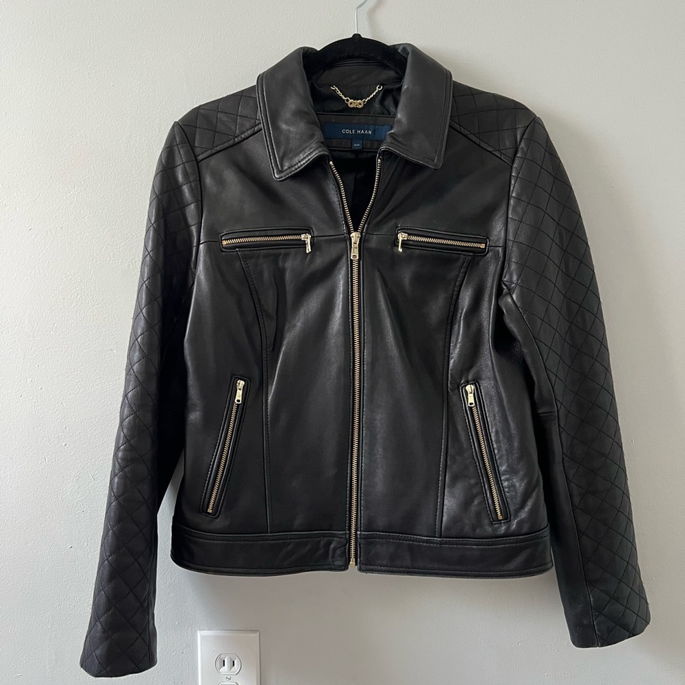 Cole Haan Lambskin Leather Zip-Up Jacket Women’s Medium -Black, Gold Hardware